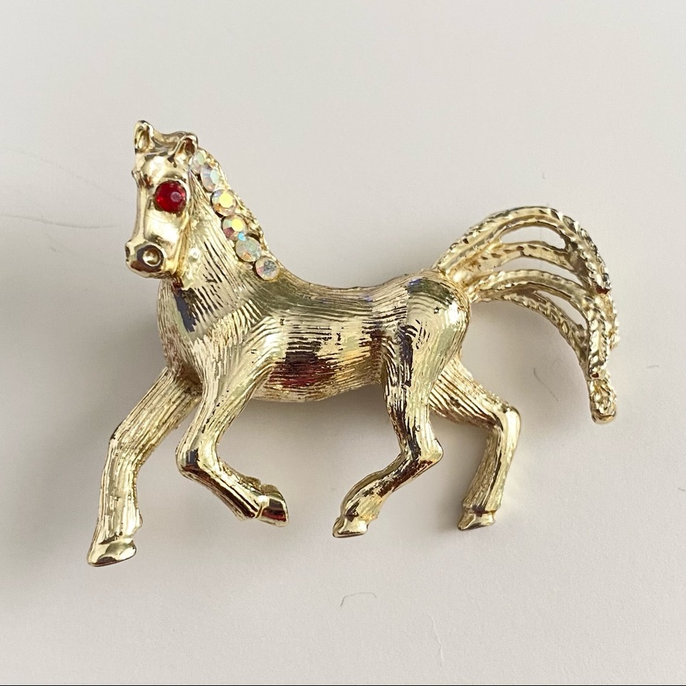 Prancing Horse Brooch Pin VTG Gold Tone and Rhinestone